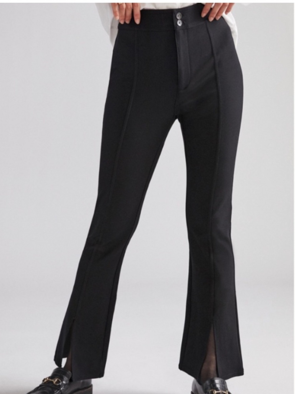 Anthropologie Flared Pant High Rise Black Slit-Front Ponte Knit Sze 0 Maeve NWOT